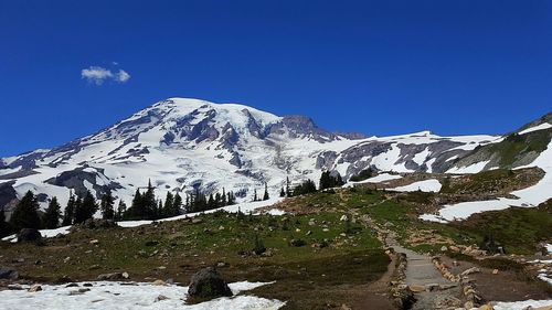 Scenic view of snowcapped mountains against clear blue sky
