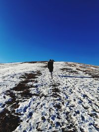 Rear view of man on snow covered land against clear blue sky