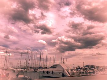 Sailboats moored in harbor at sunset