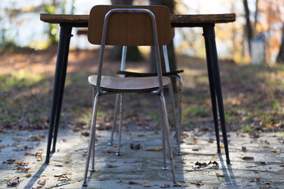 Close-up of empty chairs on table