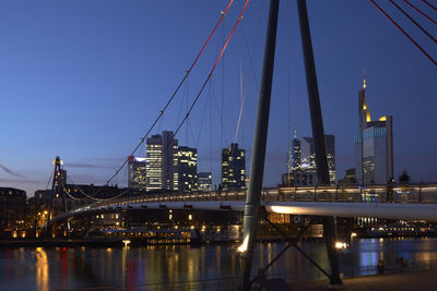 Bridge over river against sky in city at dusk