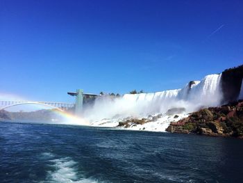 View of waterfall against clear blue sky