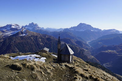 Scenic view of snowcapped mountains against clear sky