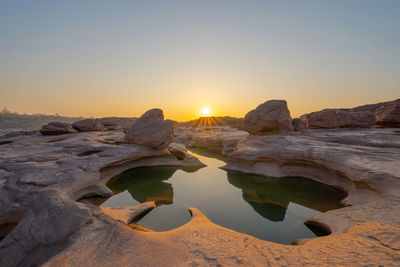 Rocks on shore against clear sky during sunset