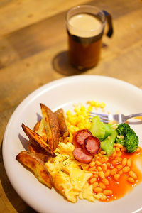 High angle view of breakfast served on table