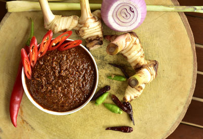 High angle view of fresh vegetables in bowl on table