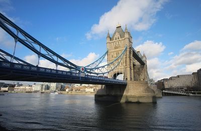 View of bridge over river against cloudy sky