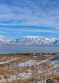 Scenic view of snowcapped mountains against sky