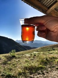 Close-up of hand holding beer glass against mountain