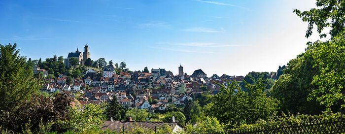 Panoramic view of trees and buildings against sky