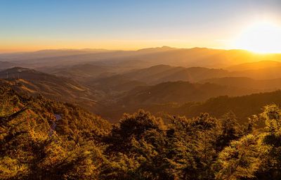 Scenic view of mountains against sky during sunset