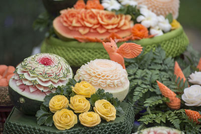 Close-up of carved fruits with flowers