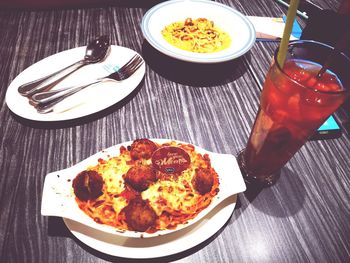 High angle view of breakfast served on table