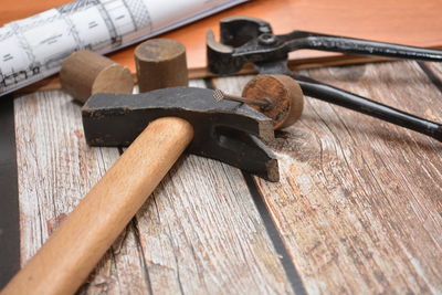 High angle view of tools on table