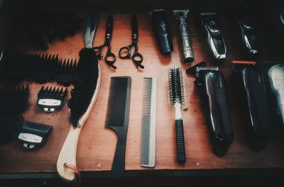 High angle view of tools on table