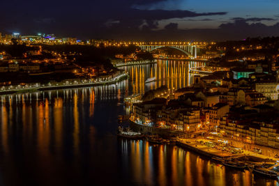 Illuminated bridge over river amidst buildings in city at night