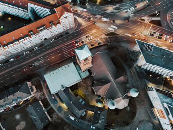 Aerial view of street and buildings in city