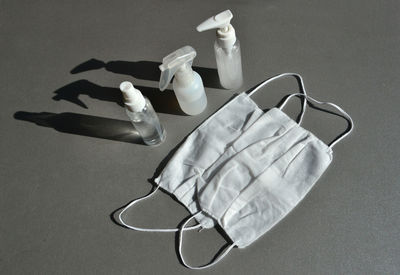 High angle view of bottle on table