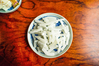 High angle view of bowl on table
