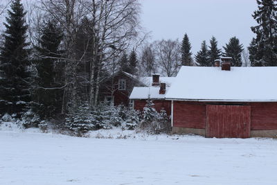 Snow covered field by houses and trees during winter