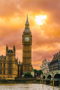 Clock tower in city against cloudy sky