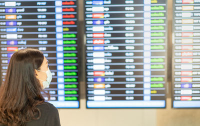 Rear view of woman wearing mask looking at departure board