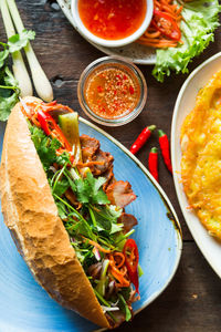 High angle view of food served on table