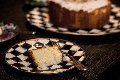 Close-up of cake in plate on table