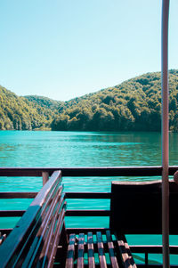 Scenic view of lake against clear blue sky