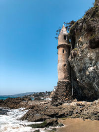 Low angle view of historic building against clear blue sky