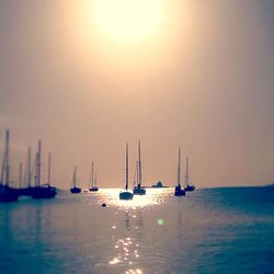 Boats sailing in sea at sunset