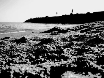 Close-up of sea shore against clear sky