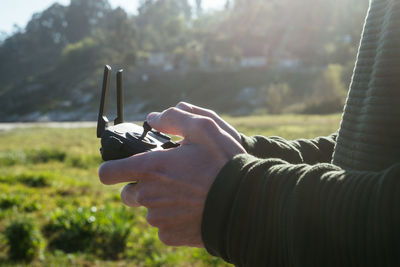 Close up of a remote control of a drone