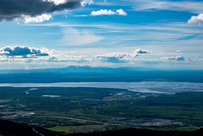 Aerial view of sea and landscape against sky