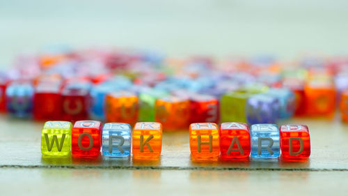 Close-up of multi colored objects on table