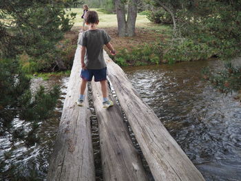 Rear view of boy standing on footbridge over river in forest