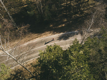 Aerial view of woman skateboarding on road amidst trees