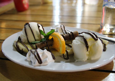 Close-up of dessert in plate on table