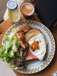 High angle view of breakfast served on table