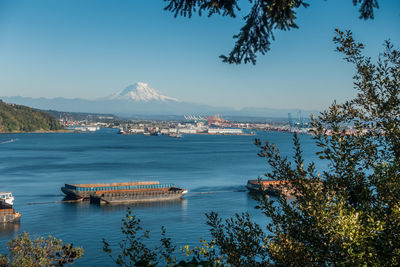 Scenic view of lake against clear blue sky