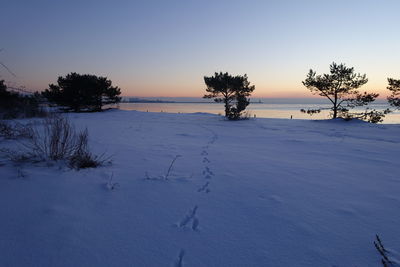 Scenic view of snow covered land against sky during sunset