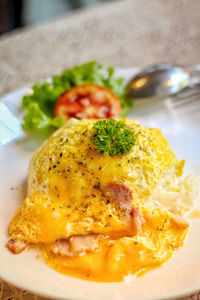 Close-up of breakfast served in plate