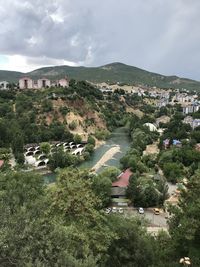 High angle view of townscape against sky in city