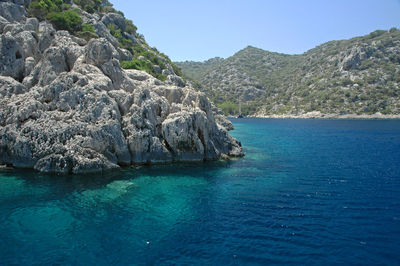 Scenic view of sea against clear blue sky