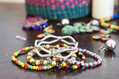 Close-up of multi colored bracelets