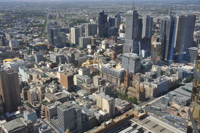 High angle view of modern buildings in city