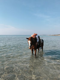 Woman lying on horse in sea against sky