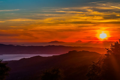 Sunset on the mounts of aspromonte, the sun is setting behind eolie islands and the messina's strait