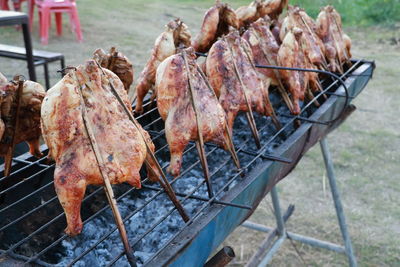 Close-up of meat on barbecue grill