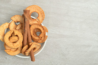 High angle view of bread in glass on table